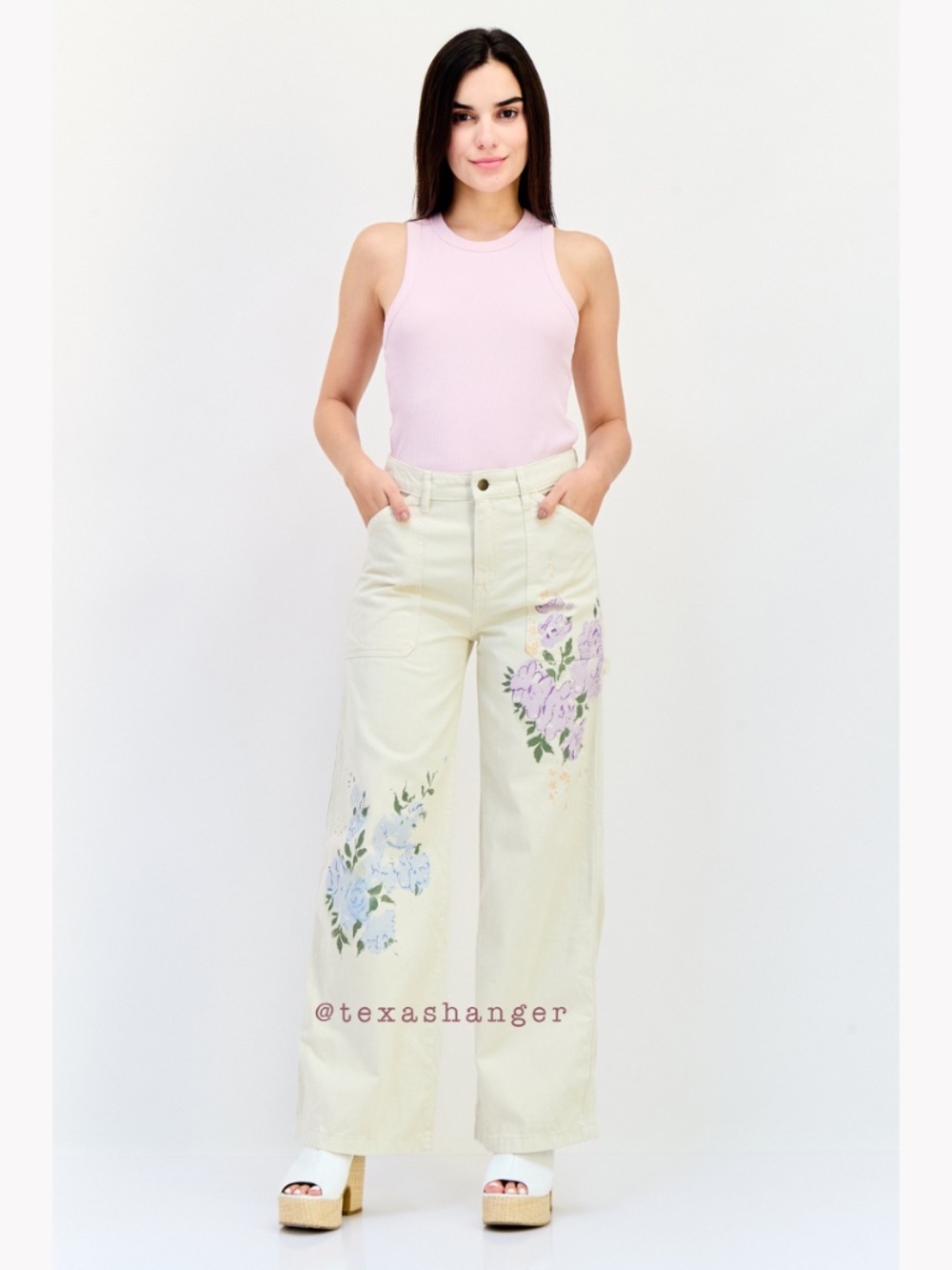 Lauren NWT Floral High Rise Wide Leg Jeans Size 10 Mascarpone Cream